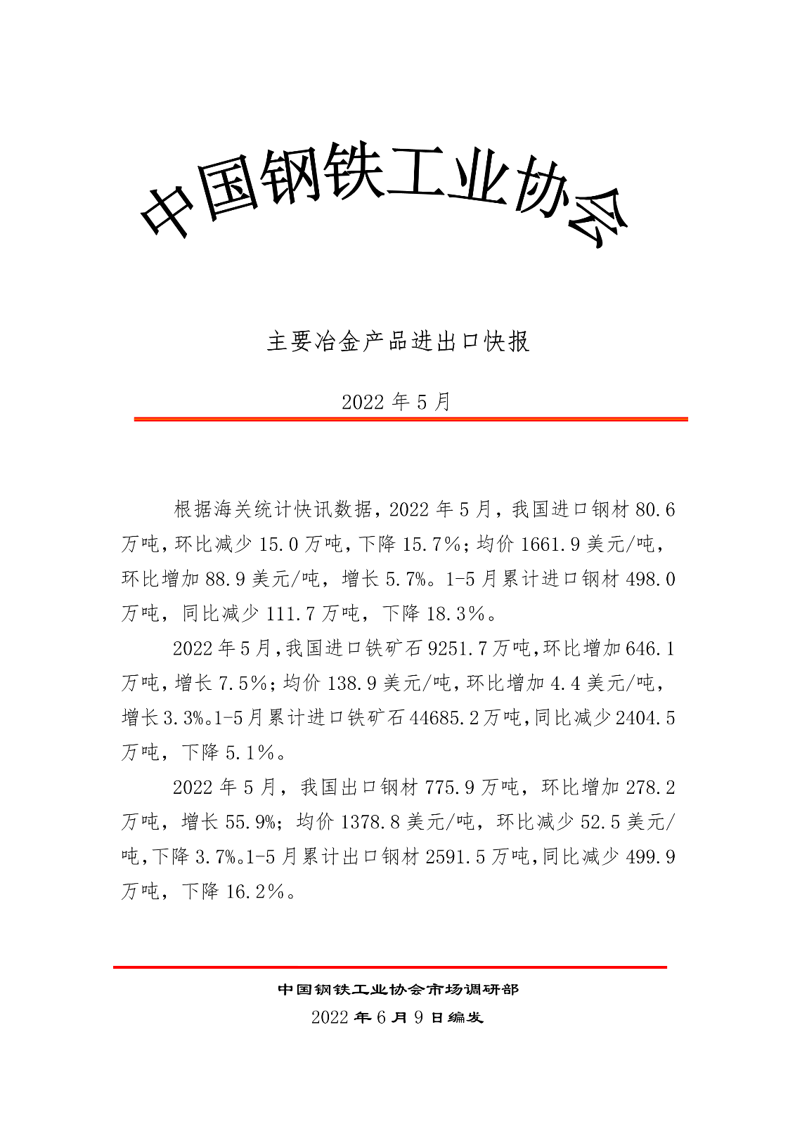 2022年5月主要冶金产品进出口快报