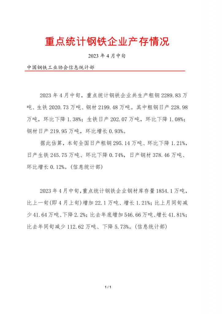 中钢协:2023年4月中旬重点统计钢铁企业产存情况
