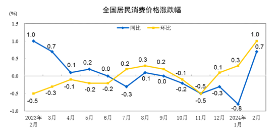 2024年2月份居民消费价格同比上涨0.7%