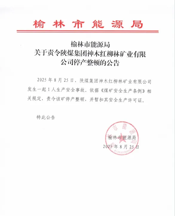 榆林市能源局:责令陕煤集团神木红柳林矿业停产整顿