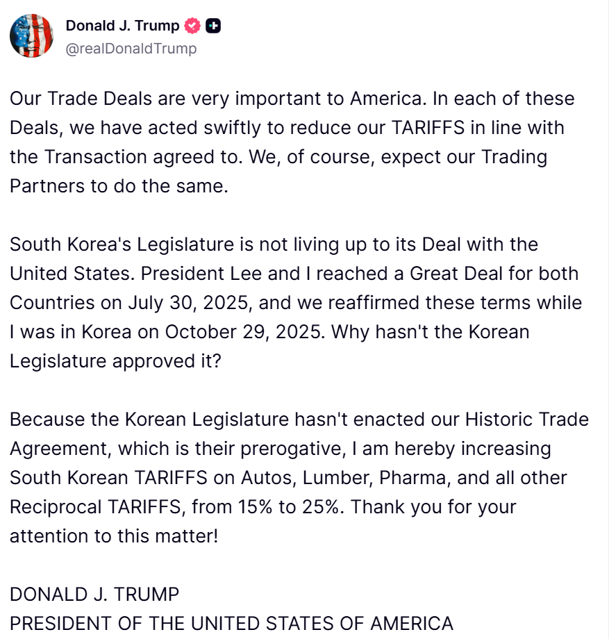 特朗普:将韩国对等关税从15%提高至25%